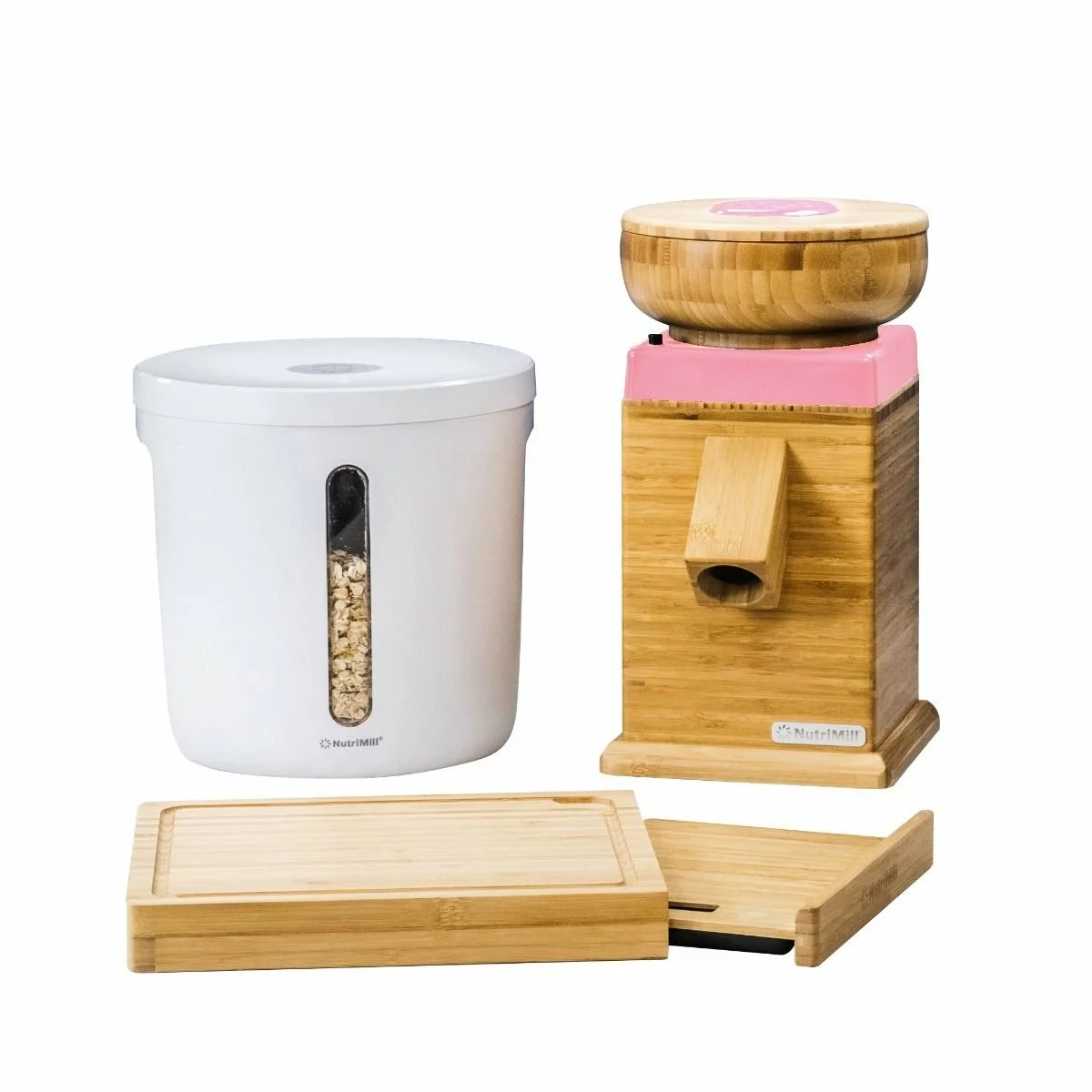 NutriMill Harvest Grain Mill | Pink + Cutting Board & Canister Bundle 3 NutriMill Harvest Grain Mill | Pink + Cutting Board & Canister Bundle