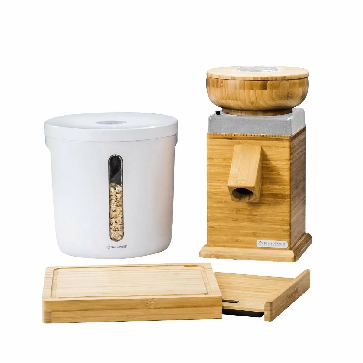 NutriMill Harvest Grain Mill | Silver + Cutting Board & Canister Bundle 3 NutriMill Harvest Grain Mill | Silver + Cutting Board & Canister Bundle