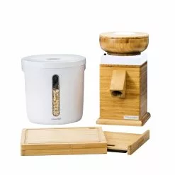 NutriMill Harvest Grain Mill | Powder Sugar White + Cutting Board & Canister Bundle